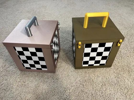 Two carrying boxes, closed — rose with a silver handle, bronze with a gold handle, each wearing the checkered field on its sides.